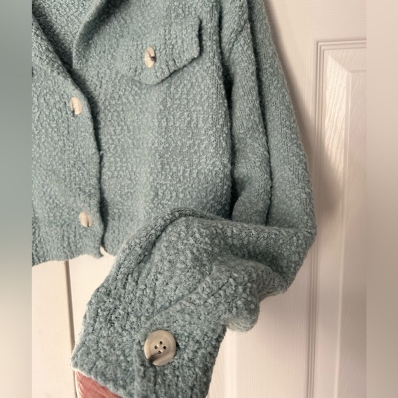 MABLE Cropped Sweater Knit Stretch Button Up Collared Pastel Blue Medium - Picture 11 of 12